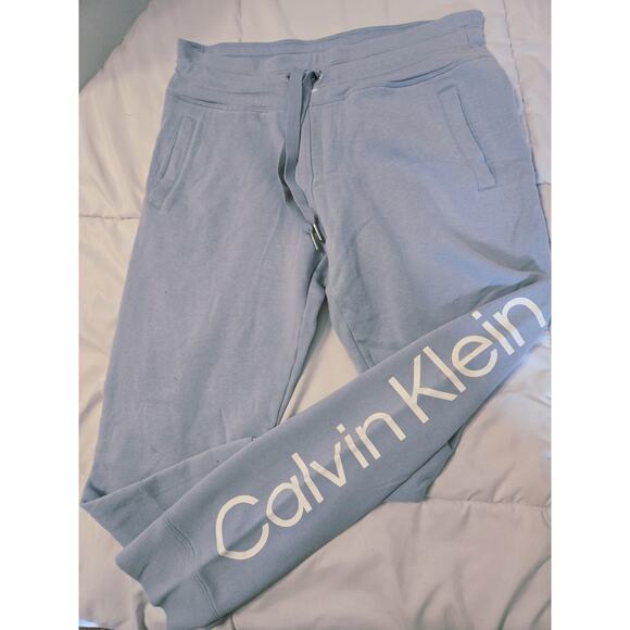 Calvin Klein Performance Logo Tape Drawstring Blue Joggers Sz M Pocket Workout - Picture 1 of 4